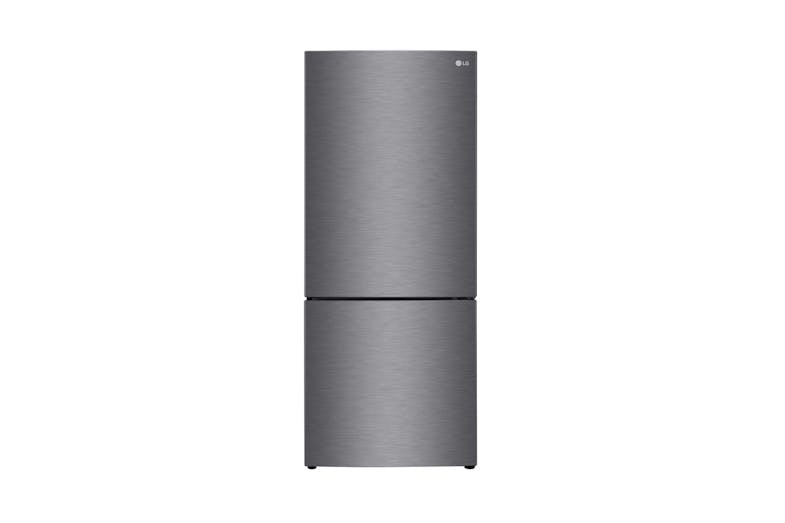 Front view of the LG Bottom Mount Fridge Freezer, featuring an elegant dark graphite finish Front view of the LG Bottom Mount Fridge Freezer, featuring an elegant dark graphite finish