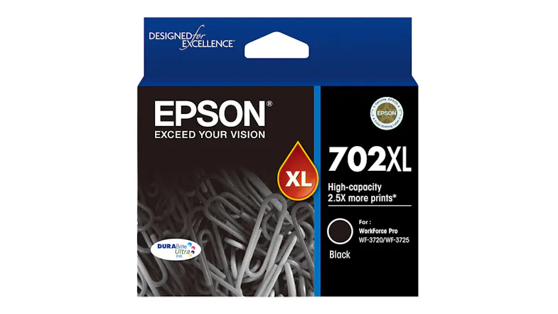 Front view of an Epson 702XL Black Ink box, featuring DURABrite Ultra Ink branding Front view of an Epson 702XL Black Ink box, featuring DURABrite Ultra Ink branding