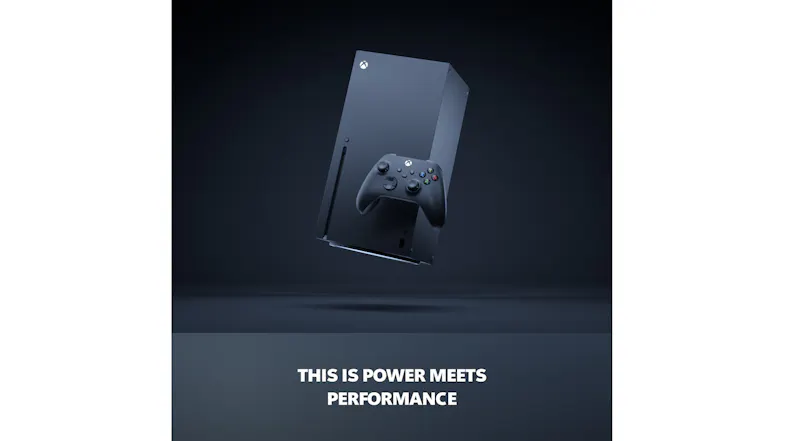 Marketing shot of the Black Xbox Series X Console, with text below "THIS IS POWER MEETS PERFORMANCE” Marketing shot of the Black Xbox Series X Console, with text below "THIS IS POWER MEETS PERFORMANCE”