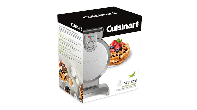 Retail packaging box for the Cuisinart Vertical Waffle Maker featuring product photos Retail packaging box for the Cuisinart Vertical Waffle Maker featuring product photos