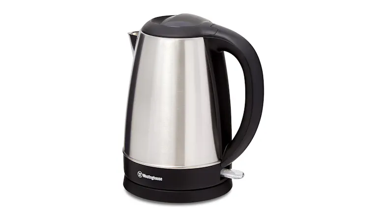 Angled view of a brushed stainless steel electric kettle with a black 360-degree swivel base Angled view of a brushed stainless steel electric kettle with a black 360-degree swivel base