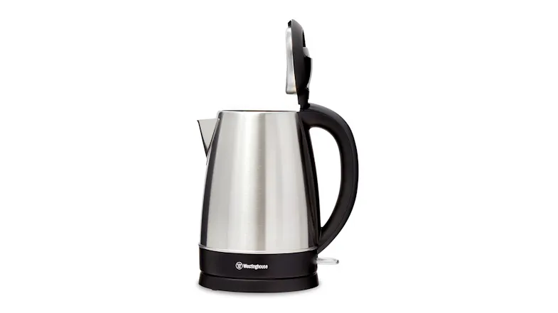 Side view of a stainless steel kettle with the lid raised for filling Side view of a stainless steel kettle with the lid raised for filling