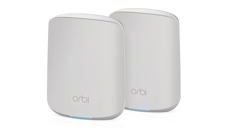 Two identical white Netgear Orbi WiFi units are positioned side-by-side. Two identical white Netgear Orbi WiFi units are positioned side-by-side.