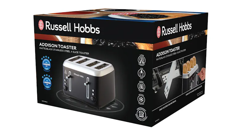 Box packaging of a Russell Hobbs 4‑slice black and stainless steel toaster featuring product photos and key features Box packaging of a Russell Hobbs 4‑slice black and stainless steel toaster featuring product photos and key features
