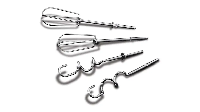 Set of two stainless steel wire beaters and two spiral dough hooks for the hand mixer Set of two stainless steel wire beaters and two spiral dough hooks for the hand mixer