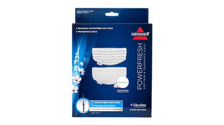 A box of Bissell PowerFresh Steam mop pads and fragrance discs is shown, with two microfiber pads displayed on the front A box of Bissell PowerFresh Steam mop pads and fragrance discs is shown, with two microfiber pads displayed on the front