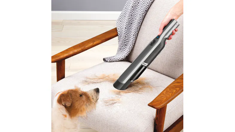 A view of a person cleaning out pet fur on an armchair while their pet dog is watching them A view of a person cleaning out pet fur on an armchair while their pet dog is watching them