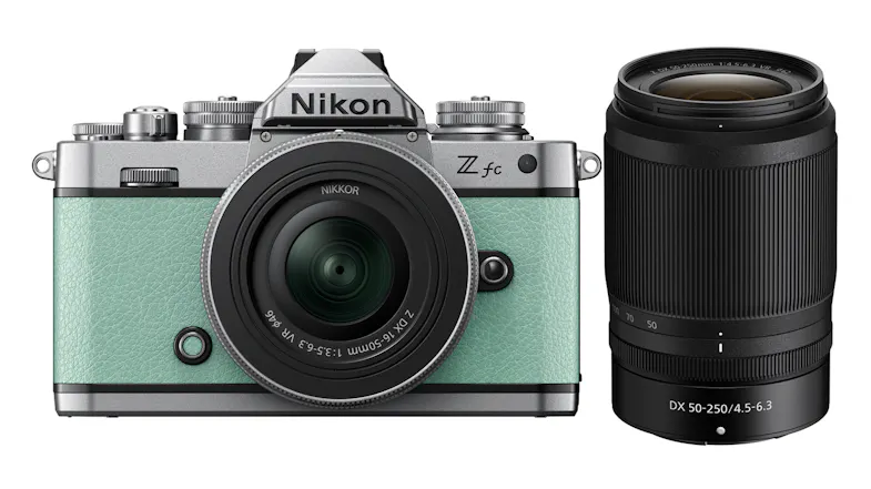 Nikon Z fc Mirrorless Camera (Mint Green) with Nikkor Z DX 16-50mm Silver Lens & 50-250mm Telephoto Zoom Lens Nikon Z fc Mirrorless Camera (Mint Green) with Nikkor Z DX 16-50mm Silver Lens & 50-250mm Telephoto Zoom Lens