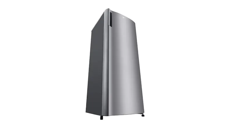 Low-angle view of LG 194L fridge freezer in platinum silver, emphasising its tall and modern design Low-angle view of LG 194L fridge freezer in platinum silver, emphasising its tall and modern design
