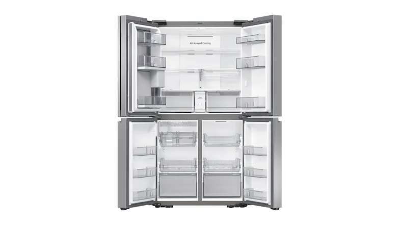 Quad door fridge freezer showing empty shelves and bins Quad door fridge freezer showing empty shelves and bins