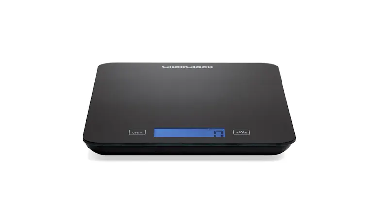Low-profile ClickClack kitchen scale showing the backlit blue LCD screen and glass surface Low-profile ClickClack kitchen scale showing the backlit blue LCD screen and glass surface