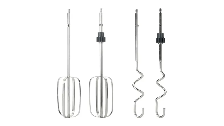 Two stainless-steel beaters and two dough hooks displayed upright as included attachments Two stainless-steel beaters and two dough hooks displayed upright as included attachments