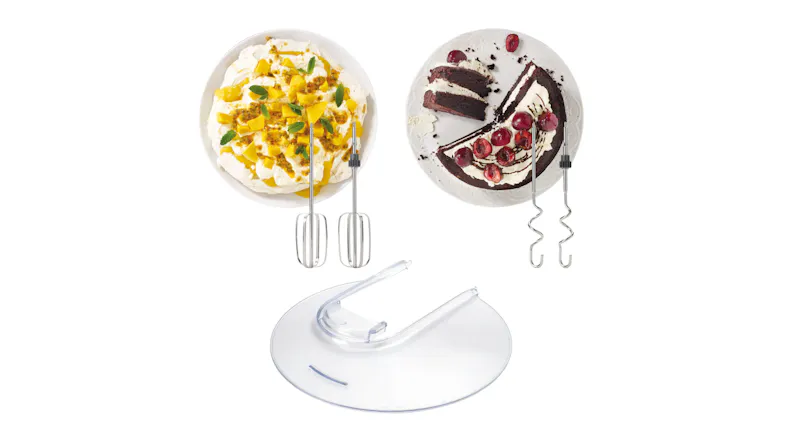 Beaters and dough hooks shown with whipped dessert and chocolate cake examples, plus a splash guard Beaters and dough hooks shown with whipped dessert and chocolate cake examples, plus a splash guard