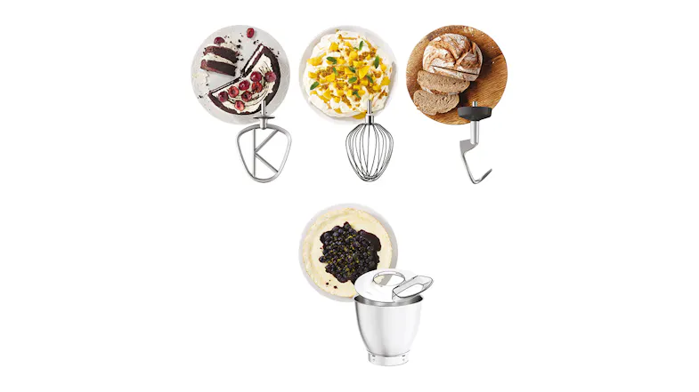 Kenwood mixer attachments shown with example bakes: K‑beater with cake, whisk with whipped dessert Kenwood mixer attachments shown with example bakes: K‑beater with cake, whisk with whipped dessert
