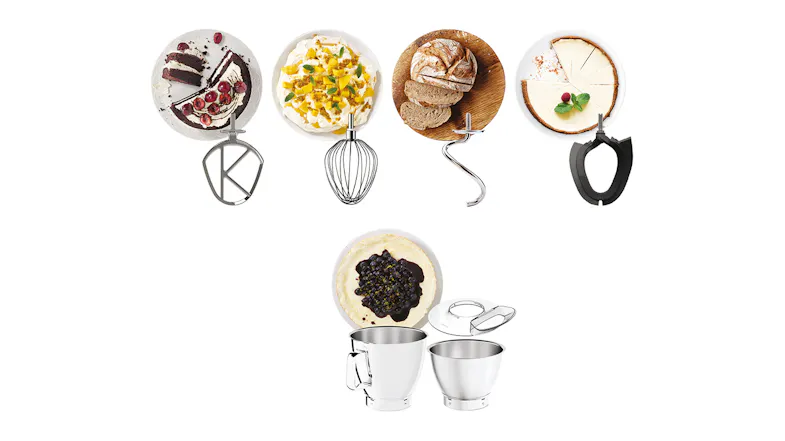 Kenwood mixer attachments shown with example bakes: K‑beater with cake, whisk with whipped dessert Kenwood mixer attachments shown with example bakes: K‑beater with cake, whisk with whipped dessert