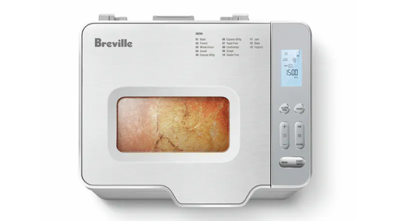 Top view of the Breville stainless steel bread maker with digital display and window showing a freshly baked loaf Top view of the Breville stainless steel bread maker with digital display and window showing a freshly baked loaf