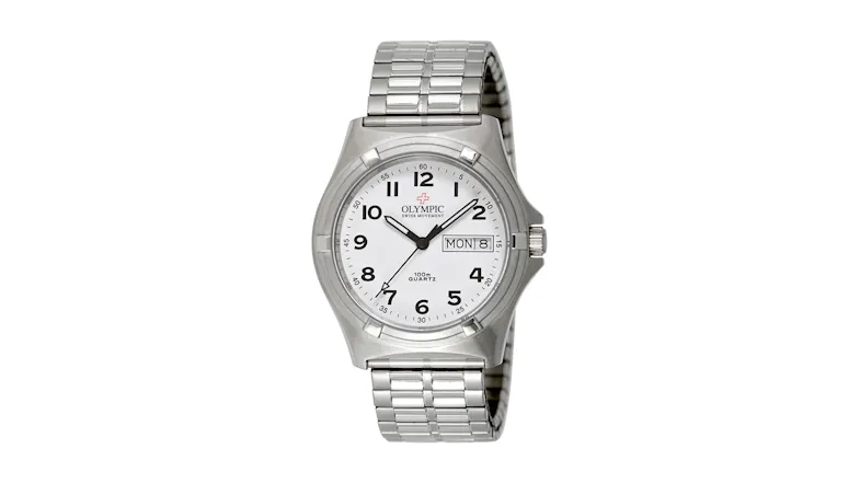 Olympic Work Stainless Steel 12 Figure White Dial Watch - Expanding Band Olympic Work Stainless Steel 12 Figure White Dial Watch - Expanding Band