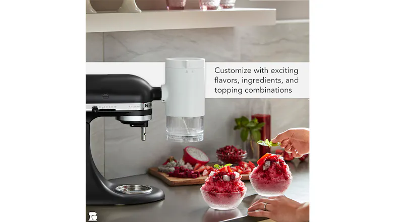Customising shaved ice with fresh fruit toppings and red syrup in a bright kitchen setting Customising shaved ice with fresh fruit toppings and red syrup in a bright kitchen setting