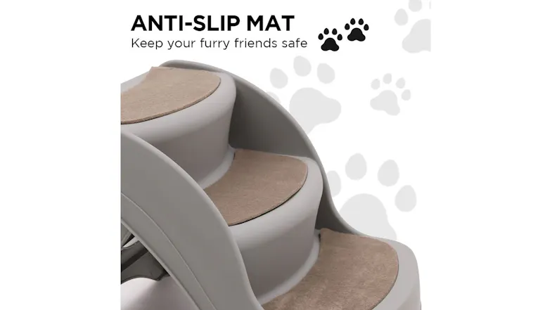 Dog stairs with an “Easy Setup" header. Below are close-up shots of the support beam, smooth joints, and the anti-slip mat. Dog stairs with an “Easy Setup" header. Below are close-up shots of the support beam, smooth joints, and the anti-slip mat.