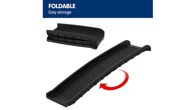 The foldable dog ramp is shown both open and in its folded version above The foldable dog ramp is shown both open and in its folded version above