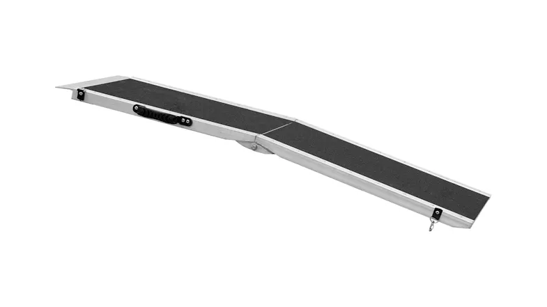 Side view of an angled aluminium dog ramp with a textured non-slip surface Side view of an angled aluminium dog ramp with a textured non-slip surface