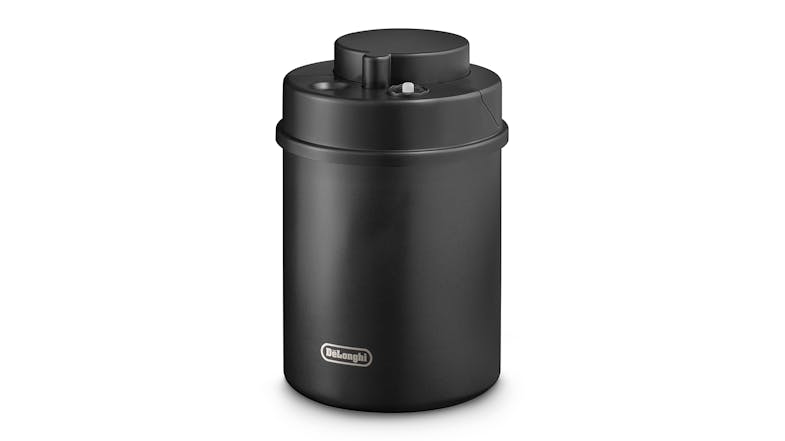 A black cylindrical Coffee Bean Cannister with a lid is shown, featuring the De'Longhi logo on the front. A black cylindrical Coffee Bean Cannister with a lid is shown, featuring the De'Longhi logo on the front.
