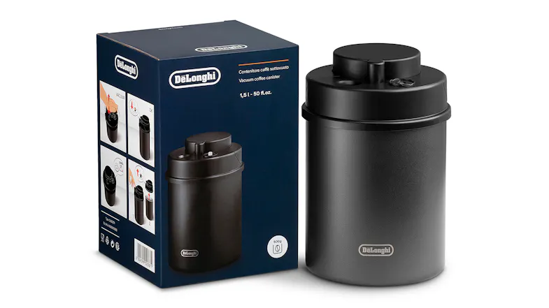 A De'Longhi vacuum coffee canister with a matte black finish is shown next to its packaging. A De'Longhi vacuum coffee canister with a matte black finish is shown next to its packaging.