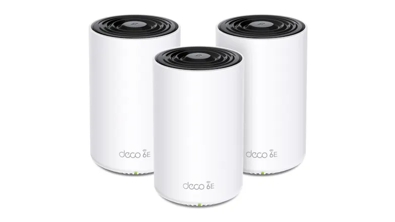 A front view of three TP-Link Deco XE75 units. A front view of three TP-Link Deco XE75 units.