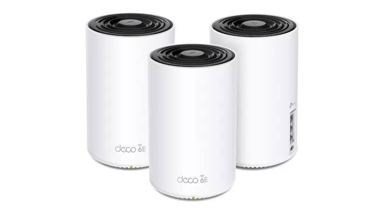 Three white Deco XE75 units, two shown from the front and the other at a side angle. Three white Deco XE75 units, two shown from the front and the other at a side angle.