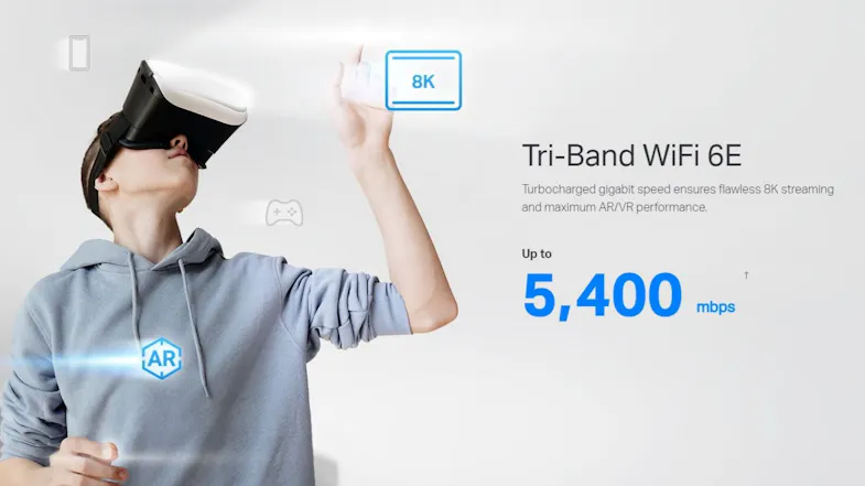 A person with a VR headset on, with text "Tri-Band WiFi 6E" and "Up to 5,400 mbps". A person with a VR headset on, with text "Tri-Band WiFi 6E" and "Up to 5,400 mbps".