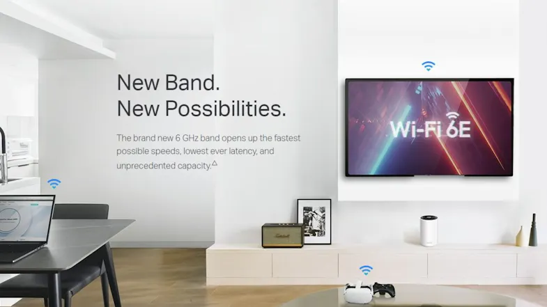 A living room scene showcasing a TP-Link Deco router connected to a TV, a laptop, and a gaming setup. A living room scene showcasing a TP-Link Deco router connected to a TV, a laptop, and a gaming setup.