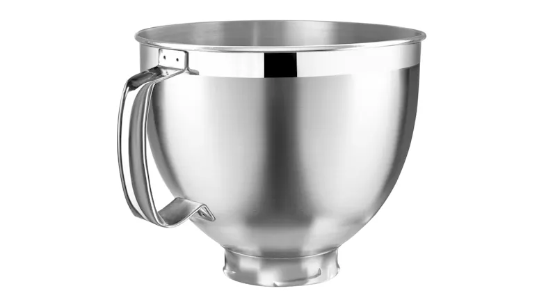 Close‑up of a stainless steel mixing bowl with handle, designed for the KitchenAid Artisan stand mixer Close‑up of a stainless steel mixing bowl with handle, designed for the KitchenAid Artisan stand mixer