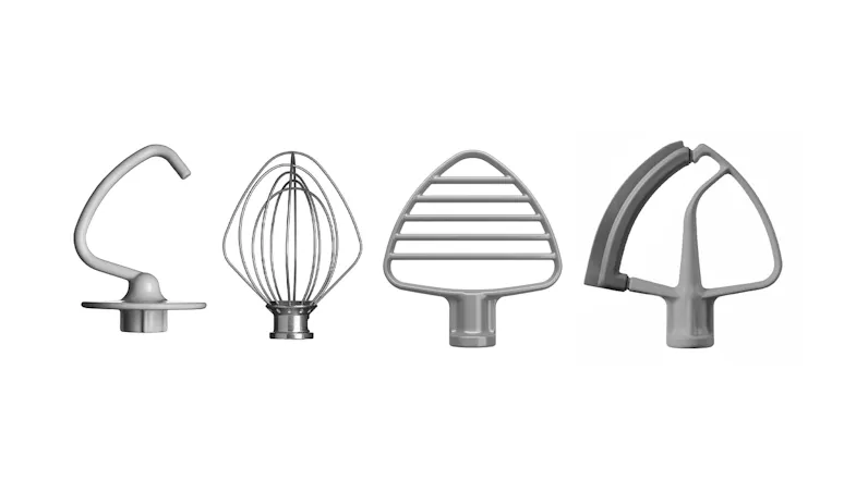 Stand mixer attachments shown: a curved dough hook, a wire whisk, a flat beater, and a flex‑edge beater Stand mixer attachments shown: a curved dough hook, a wire whisk, a flat beater, and a flex‑edge beater