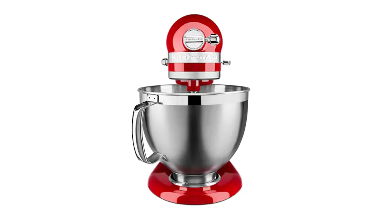 Front view of the KitchenAid Artisan stand mixer in Empire Red, centred on the stainless steel bowl Front view of the KitchenAid Artisan stand mixer in Empire Red, centred on the stainless steel bowl
