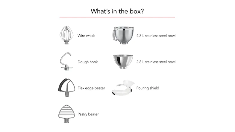Graphic titled ‘What’s in the box’ showing the KitchenAid Artisan included items and accessories Graphic titled ‘What’s in the box’ showing the KitchenAid Artisan included items and accessories