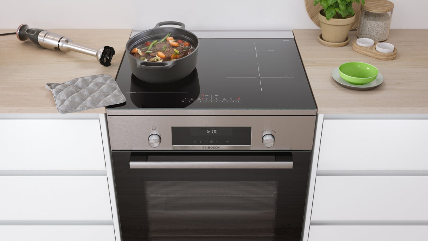 Bosch 60cm Pyrolytic Freestanding Oven with Induction Cooktop - Stainless Steel (Series 6/HLS79R351A)