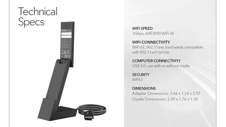 Nighthawk adapter with text mentioning technical specs for speed, connectivity, security, and dimensions. Nighthawk adapter with text mentioning technical specs for speed, connectivity, security, and dimensions.