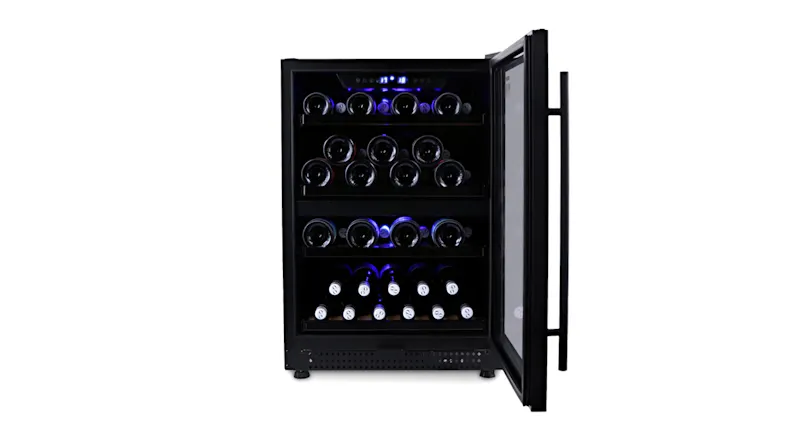 Open Husky dual zone wine fridge showcasing blue light and shelf accents Open Husky dual zone wine fridge showcasing blue light and shelf accents