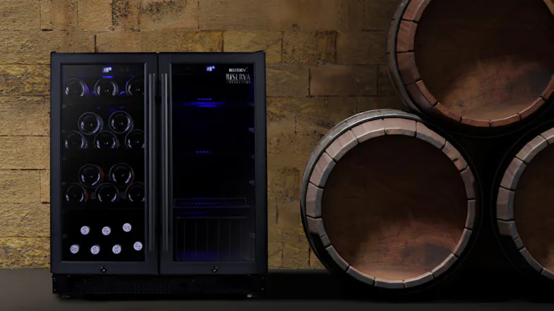 Husky Riserva 168L Double Door Wine Fridge placed against a stone wall next to rustic wooden wine barrels Husky Riserva 168L Double Door Wine Fridge placed against a stone wall next to rustic wooden wine barrels