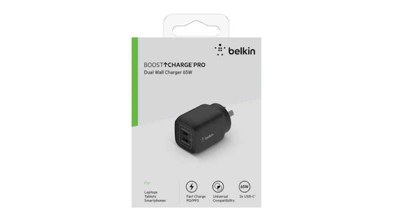 Belkin BoostCharge Pro 65W 2-Port GaN Wall Charger with PPS - Black (WCH013AUBK)