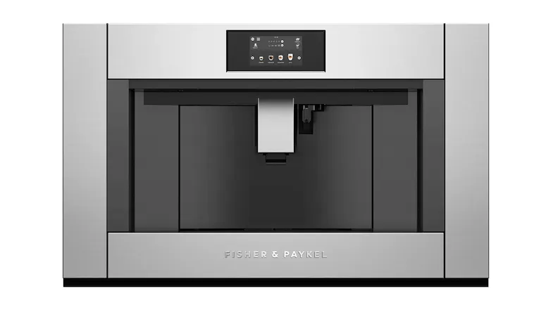 A stainless steel automatic coffee machine. A stainless steel automatic coffee machine.