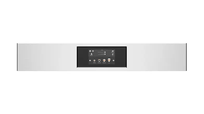 A close-up of a coffee machine control panel with a central digital display. A close-up of a coffee machine control panel with a central digital display.