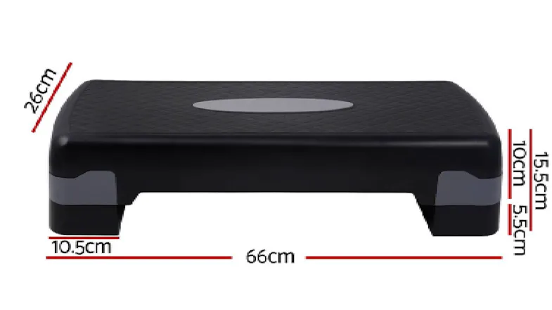 Everfit Aerobic step platform image showing dimensions: 66 cm length, 26 cm width, 10.5 cm foot width, and up to 15.5 cm heightStep Bench Everfit Aerobic step platform image showing dimensions: 66 cm length, 26 cm width, 10.5 cm foot width, and up to 15.5 cm heightStep Bench