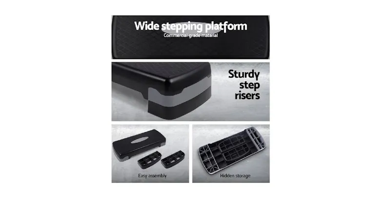 Infographic showing Everfit aerobic step features: a wide platform, sturdy risers, easy assembly, and hidden underside storage Infographic showing Everfit aerobic step features: a wide platform, sturdy risers, easy assembly, and hidden underside storage