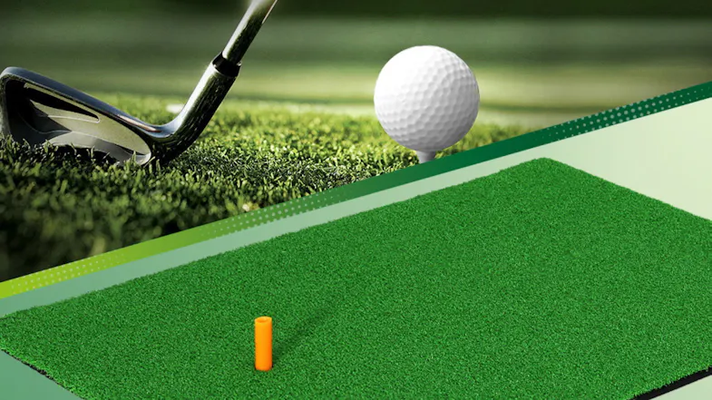 Golf practice mat with tee and ball, close-up of iron club on turf, durable green hitting mat for indoor and outdoor training use Golf practice mat with tee and ball, close-up of iron club on turf, durable green hitting mat for indoor and outdoor training use