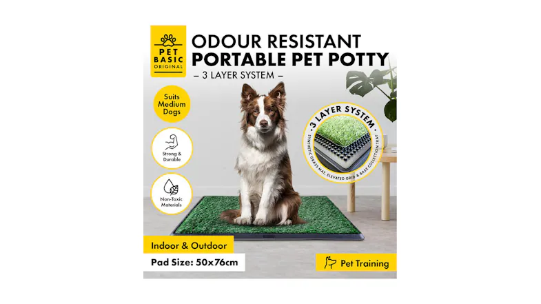 A portable pet potty display with a dog sitting on the grass pad, along with icons for features and pad size A portable pet potty display with a dog sitting on the grass pad, along with icons for features and pad size