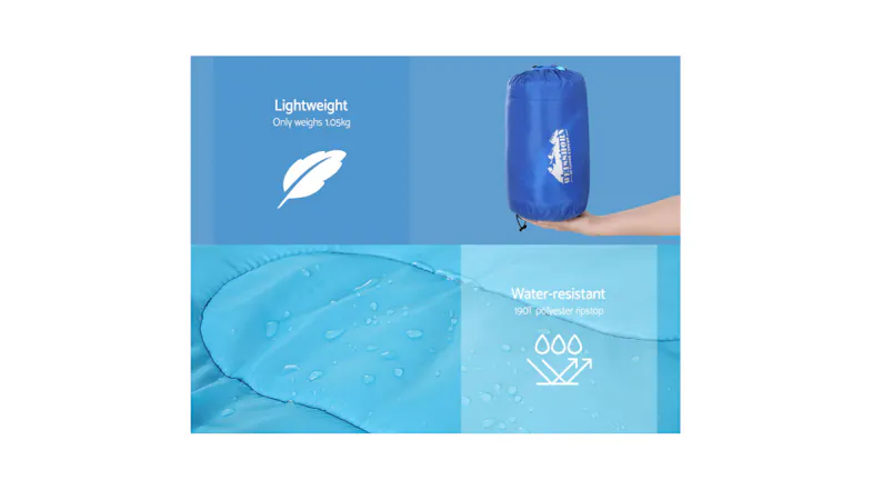 Infographic showing that the Weisshorn sleeping bag weighs 1.05 kg and is made from water-resistant 190T polyester ripstop fabric Infographic showing that the Weisshorn sleeping bag weighs 1.05 kg and is made from water-resistant 190T polyester ripstop fabric