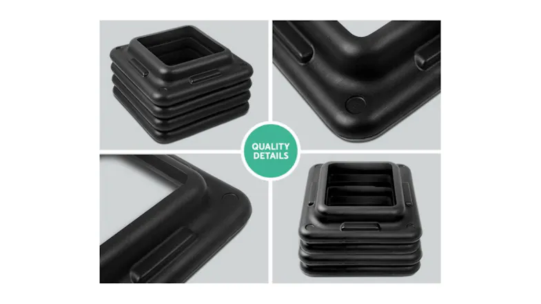 Close-up views of black plastic aerobic step risers, featuring a green badge that reads “Quality Details” Close-up views of black plastic aerobic step risers, featuring a green badge that reads “Quality Details”