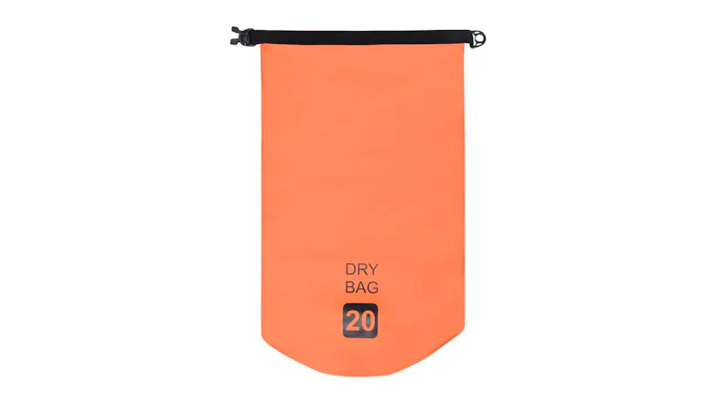 Flat view of an unrolled orange NNEVL 20L dry bag with top buckle Flat view of an unrolled orange NNEVL 20L dry bag with top buckle