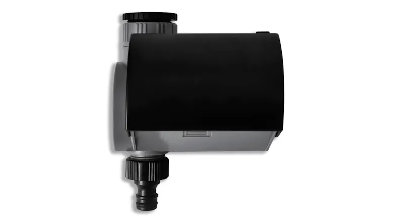 Grey and black electronic water timer with the protective cover closed, showing the hose connection points Grey and black electronic water timer with the protective cover closed, showing the hose connection points